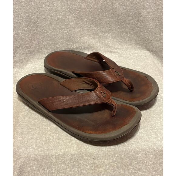 OluKai Leather Kupuna Brown Thong Flip Flop Sandals Men’s Size 13 - Picture 3 of 7